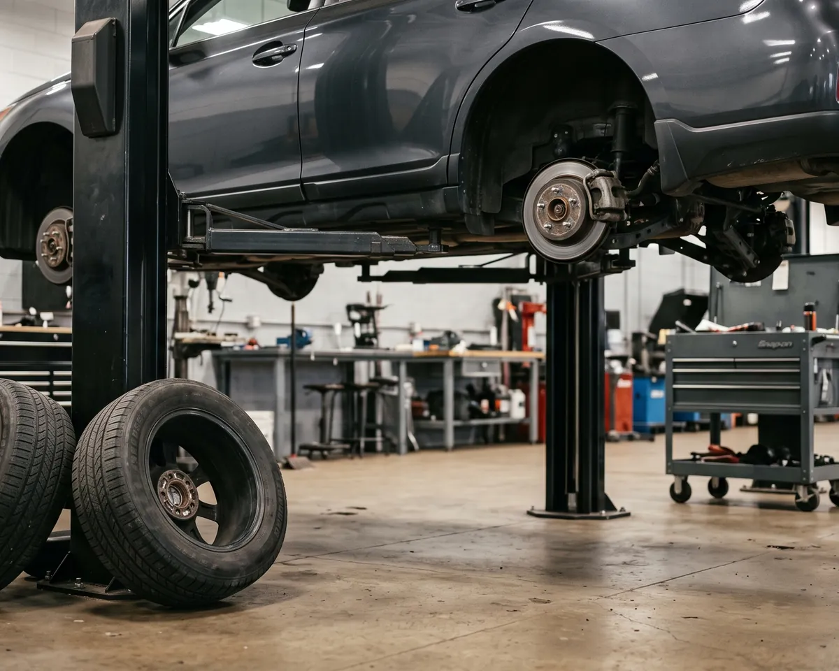 A bay in Oklahoma City with a vehicle on the lift and all four wheels off